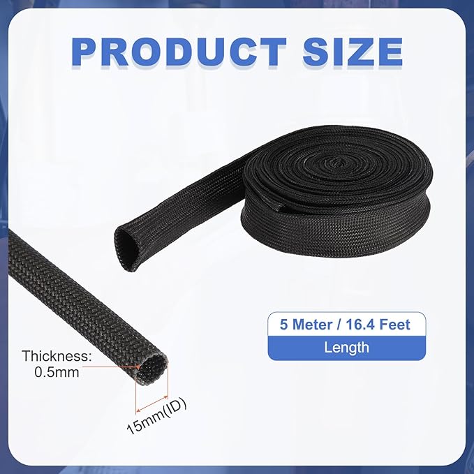 uxcell Insulation Cable Protector,15mm/0.59 Inch-5m/16 Feet High Temp Fiberglass Sleeve Black
