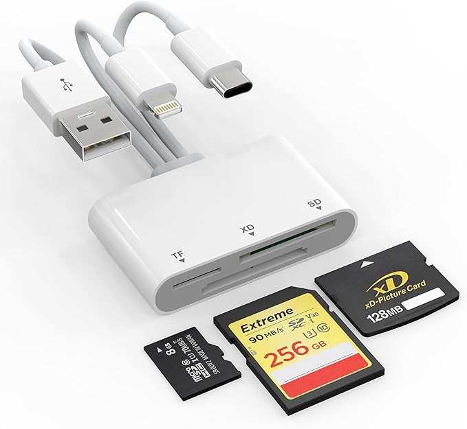 XD Card Reader, SD Card Reader for iPhone, 3 in 1 SD/TF/XD Card Reader Adapter for iPhone/USB C Device, Lightning+USB A+USB C XD Picture Card Adapter for iPhone 16/15/14/iPad/PC/Android