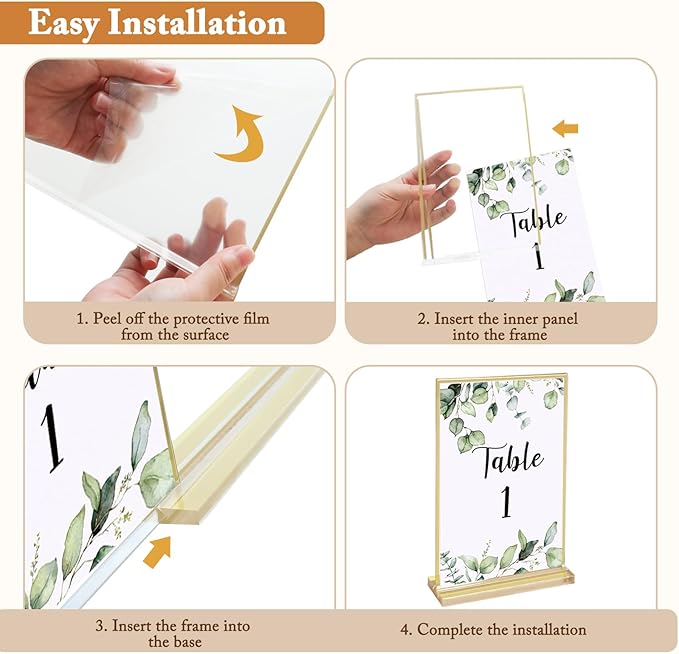 Floroom 6 Pack 4x6 Inch Clear Acrylic Sign Holders, Double-Sided Gold Display Stand Picture Frames for Table Numbers, Menus, Flyers, Weddings, and Offices