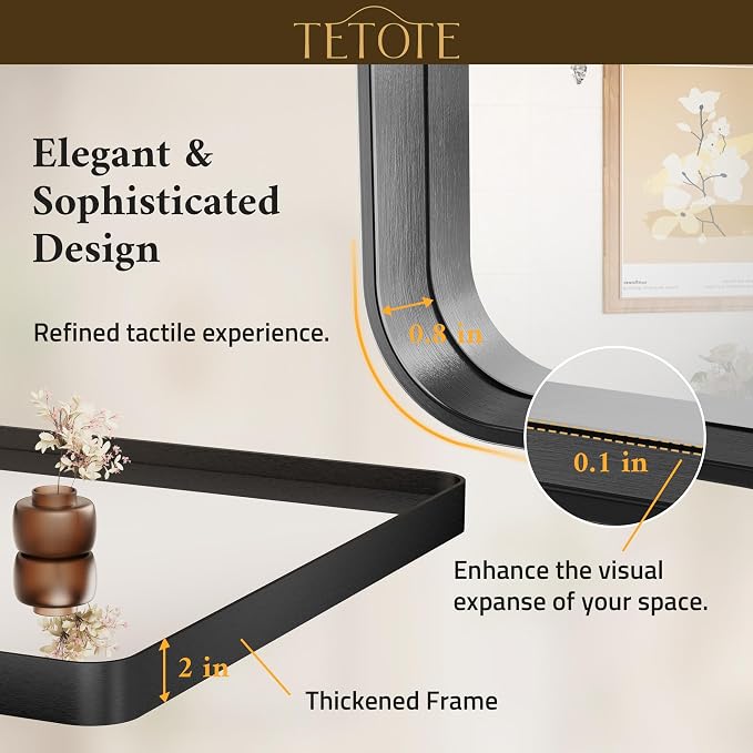 TETOTE 48 x 36 Inch Mirrors for Bathroom, Matte Black Framed Rectangular Large Modern Farmhouse Vanity Mirror for Wall Decor (Horizontal/Vertical)