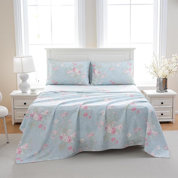 Zusbest Blue Floral Sheets Set Full Size 100% Cotton Pink Flowers Bed Sheet Shabby Vintage Chic Bedding Romantic Pastoral Style Original Design Soft Luxury Deep Pocket Fitted Sheet 17.5'', 4 Pcs