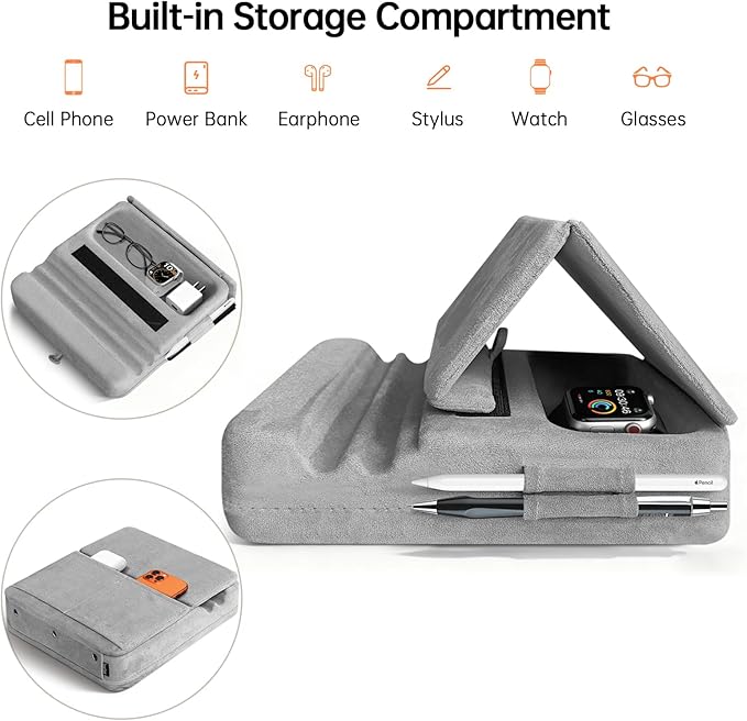TpeeTeek Tablet Pillow Stand with Storage, Foldable iPad Holder for Lep, Bed, Sofa, and Desk - Soft Pad Dock with Pocket and Stylus Mount Compatible with 4-13" iPad Pro/Air/Mini, Galaxy Tab, Kindle