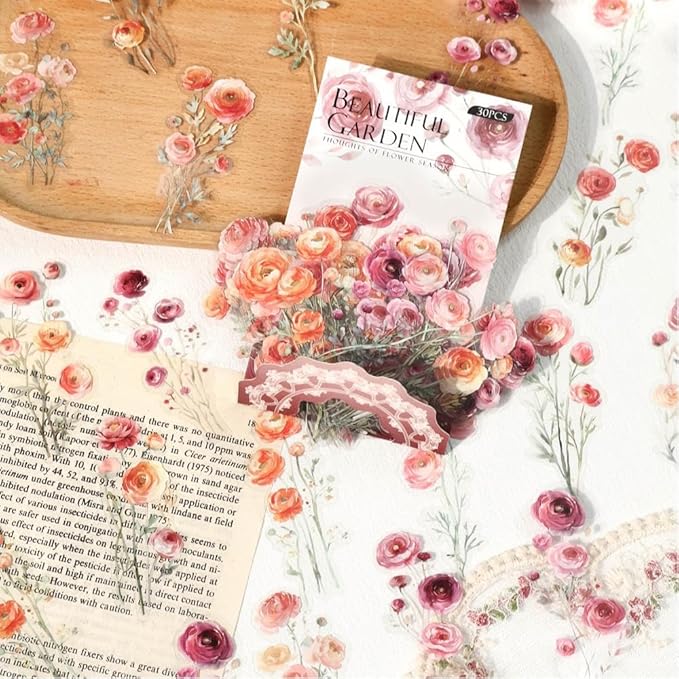 120 Pieces Vintage Transparent PET Floral Stickers for Journaling, 4 Styles Watercolor Flower Set, Decorative Sticker for Scrapbooking, Junk Journal Supplies, Collage