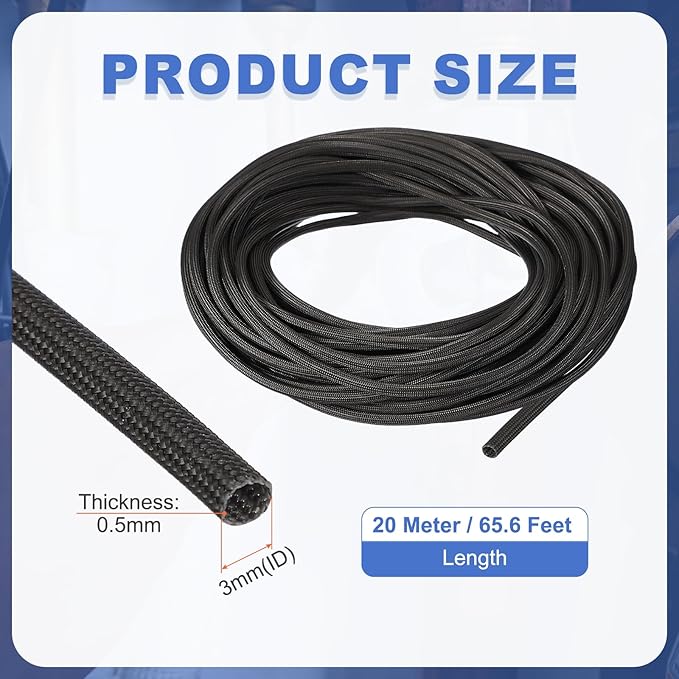 uxcell Insulation Cable Protector,3mm/0.12 Inch-20m/66 Feet High Temp Fiberglass Sleeve Black