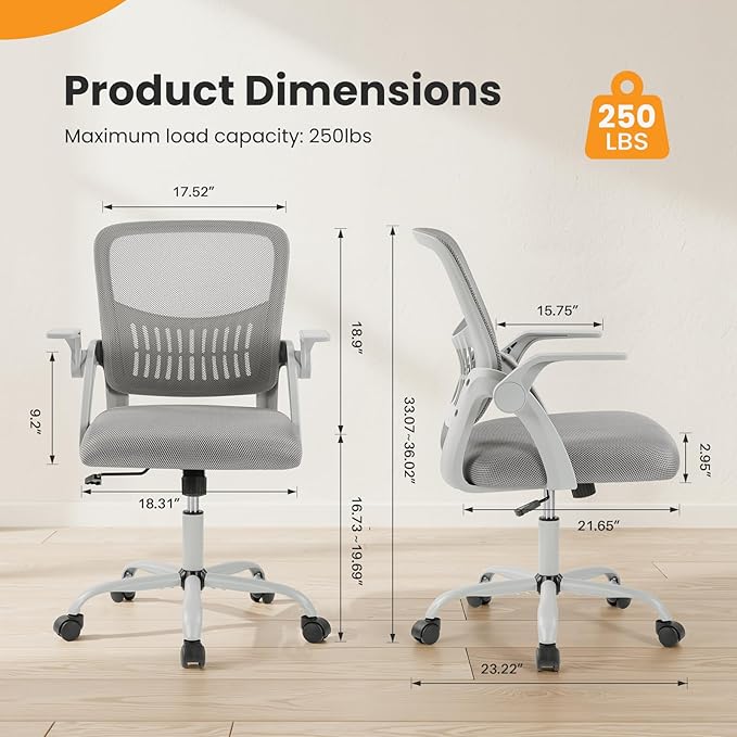 Sweetcrispy Home Office Managerial Executive Chair, Flip Up Armrest Ergonomic Mesh Adjustable Swivel Mid-Back Computer Desk Chair with Comfortable Lumbar Support, Comfy Arms for Bedroom,Study