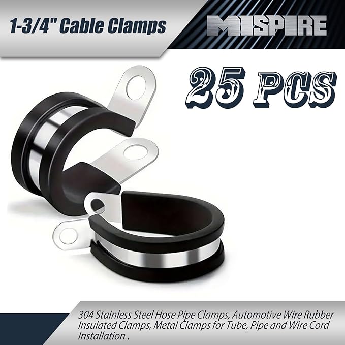 25 PCS 1-3/4 inch Cable Clamps, MISPIRE Stainless Steel Hose Pipe Clamps, Automotive Wire Rubber Insulated Clamps, Metal Clamps for Tube, Pipe and Wire Cord Installation, Black, MI-RC-1-3/4-25