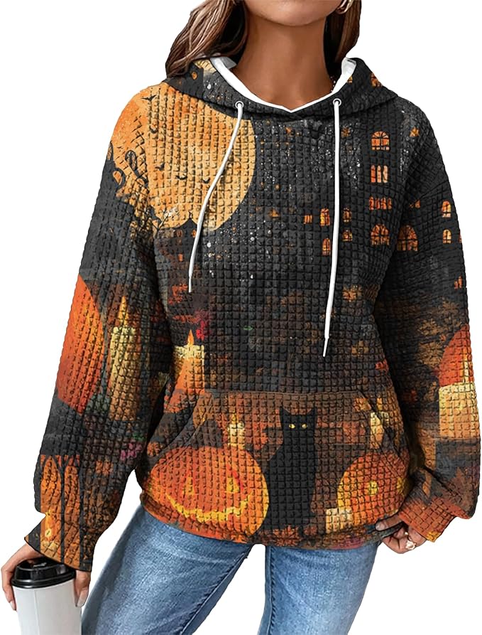 Halloween Sweatshirts for Women Novelty Graphic Drawstring Waffle Hoodies Loose Casual Pullover Tops with Pocket