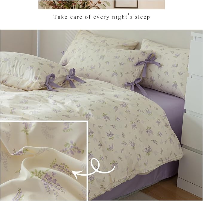 Cotton Duvet Cover King Chic Purple Floral Bedding Set Vintage Botanical Lavender Flower Duvet Cover Garden Style Lilac Floral Comforter Cover with Zipper Closure Girls Cottagecore Bedding Set King
