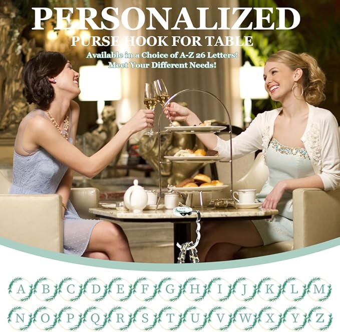 XSUIOY 3Pcs Personalized Initial Foldable Purse Hook for Table,Crushed Flower Letters Folding Purse Hanger,Purse Holder Handbag Hanger Collection Desk Table Bag Hooks Gifts for Women Bag(Green-L)