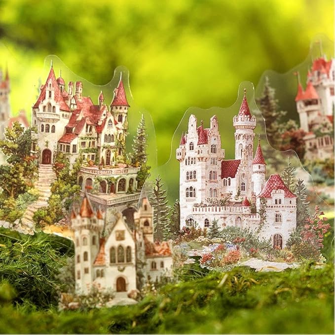 Dwpetzo 6 Pack 180Pcs Nature Scenery Tree House Cottage Castle Manor Scene Stickers for Journaling, Transparent PET Stickers for Scrapbooking, Junk Journal Supplies, Bujo, Collage