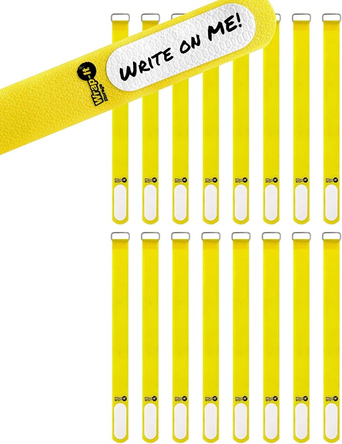 Wrap-It Storage Cinch-Straps, 12" 16 Pack (Yellow), Features Metal Buckle and Label for Cord Identification, Reusable Multi-Purpose Securing Cable Straps, Cord Wrap, Cord Organizers