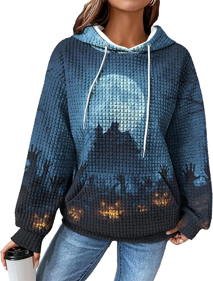 Halloween Sweatshirts for Women Novelty Graphic Drawstring Waffle Hoodies Loose Casual Pullover Tops with Pocket