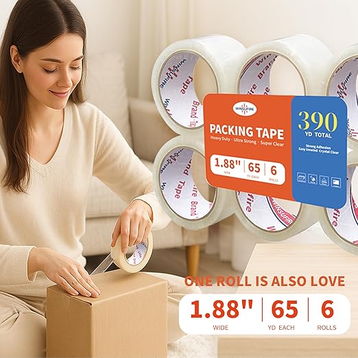 WINSUFIRE Heavy Duty Packing Tape for Shipping, Scotch Tape,Total 390Y, 1.88 inch x 65 Yards,6 Pack Clear Packing Tape, Scotch Packaging Tape with Dispenser