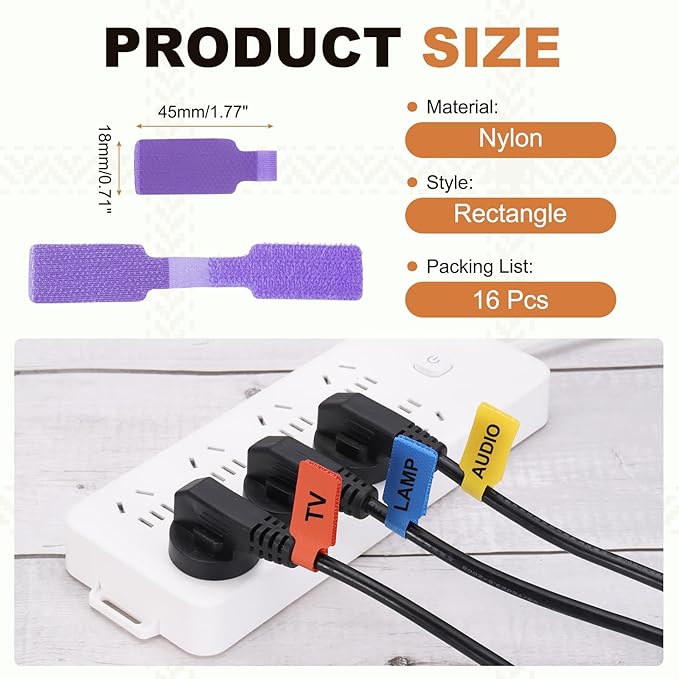 PATIKIL 16Pcs Cable Labels Tags, 1.8" Write on Wire Tags Cord Labels Hook Loop Rectangle Cable Ties for Electronics Organize Wire Classify Identification Management, Purple