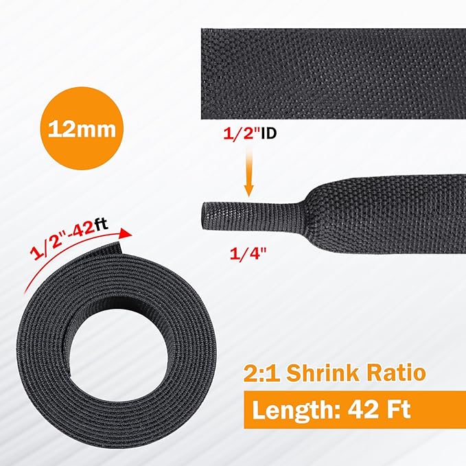 FOURUB 2:1 Ratio Flat Heat Shrinkable Braided Sleeving,Electrical Insulating Tubing,Durable Automotive Fabric Harness Shrinking Sheath (1/2"-42ft)