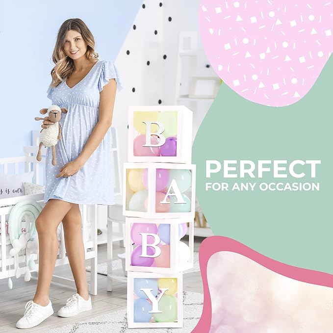 Baby Shower Boxes with Letters – White Boxes with Pastel Pink, Blue, Yellow, and Green Balloons – 44-Piece Gender Reveal & Party Decoration Set by Vellax