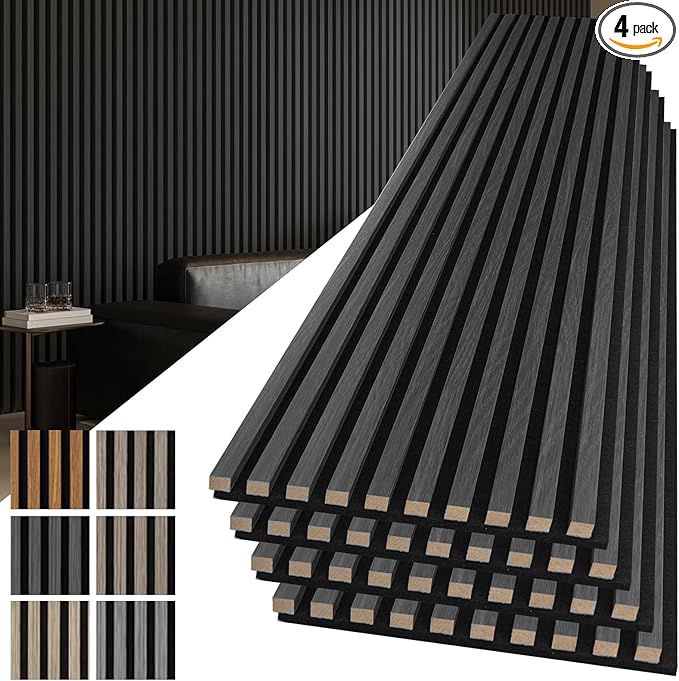 Art3d 4-Pack 108" x 12" Acoustic Wood Panels for Wall, Soundproof Wood Slat Panel for Wall and Ceiling, 3D Fluted Sound Absorbing Paneling for Interior Wall Decor, Living Room, Bedroom - Blackwood