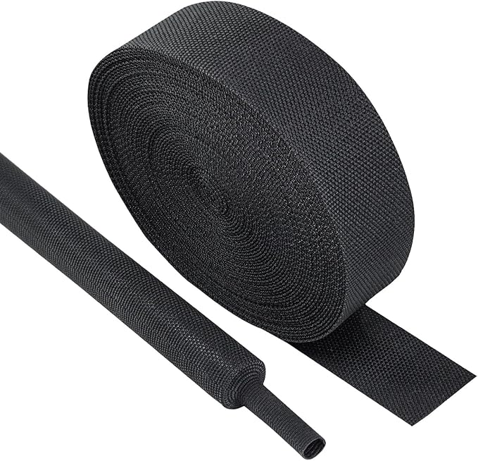 SUNNAREPOON Black 2:1 Ratio Automotive Heat Shrink Braided Sleeving,Wear-Resistant Flat Woven Shrinkable Sleeve Fabric Car Cable Wires Hoses Protection (1"-66ft)