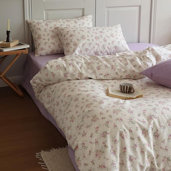 LifeTB Pink Flower Duvet Cover Twin 100% Cotton Girls Cottagecore Bedding Set 3 Pieces Botanical Floral Comforter Cover with Zipper Closure Vintage Country Bedding Cute Floral Duvet Cover Twin