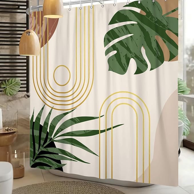 Boho Sage Green Shower Curtain Bohemian Mid Century Geometric Abstract Curve Bathroom Curtain Palm Leaf Polyester Shower Curtain Sets for Bathroom Extra Long 72x72 in with 12 Hooks