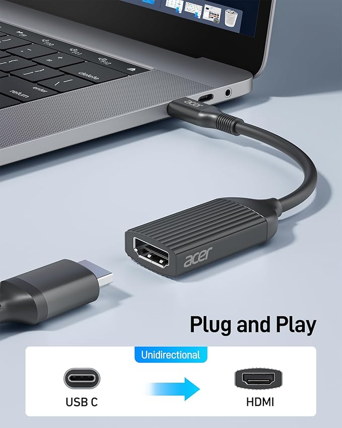 acer USB-C to HDMI Adapter 4K@60Hz, (High Speed, Thunderbolt 3/4) Type C to HDMI Converter Compatible with MacBook Pro/Air, iPhone 16 15 Pro/Max, iPad Pro/Air, Surface, Dell XPS, Chromebook Black