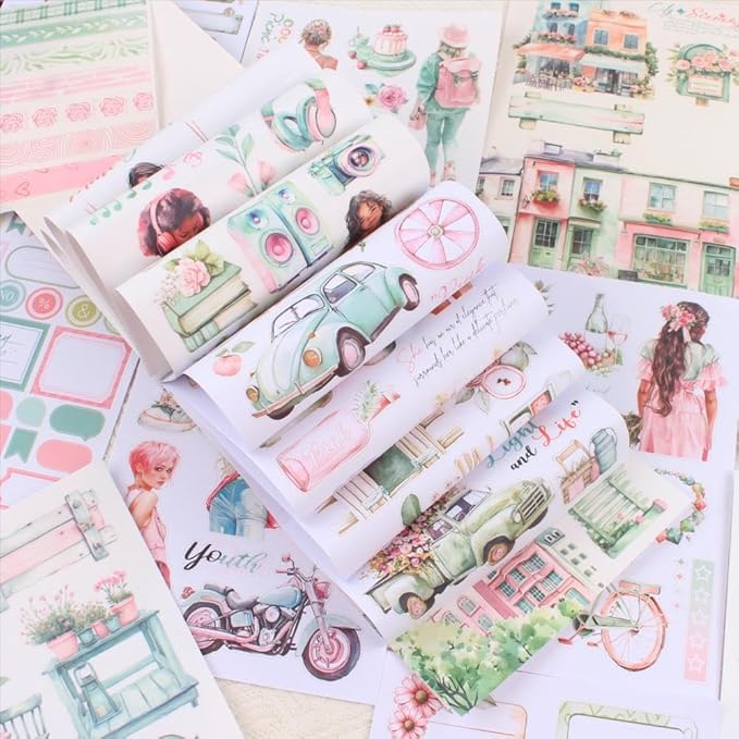 Dwpetzo Breezy Holiday Scenery Pre-Cut Journal Sticker Book for Women Journaling, Assorted Materials Paper PET Washi Stickers for Scrapbooking, Junk Journal Supplies, Planner, Collage, Crafts Arts