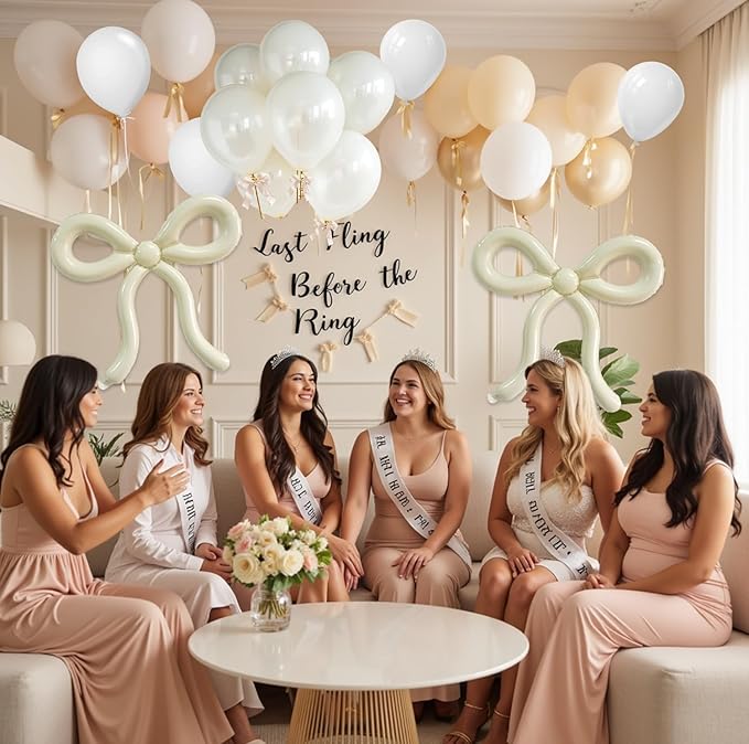 6 Pcs Beige Bow Balloons Cream White Bow Decorations for Girls Women Bow Themed Birthday Party Supplies for Baby Shower, Gender Reveal, Wedding, Bachelorette, One Silly Goose Event Decor
