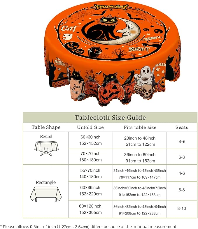 Eikione Round Tablecloth 60inch, Halloween Batcat Tablecloth Waterproof and Wrinkle-Free, Table Covers, Summer Decorations for Home Dining