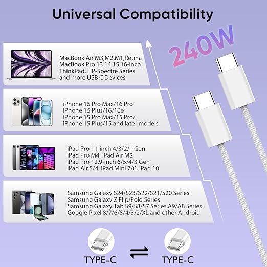 USB C to USB C,240W USBC Woven Charge Cable,10FT 2Pack Long USBC Cable Fast Charging Cord for Apple MacBook Pro/MacBook Air,iPad Pro/Air,iPad mini,iPhone 16e 16 15 ProMax Compatible 140W/100W/60W/45W