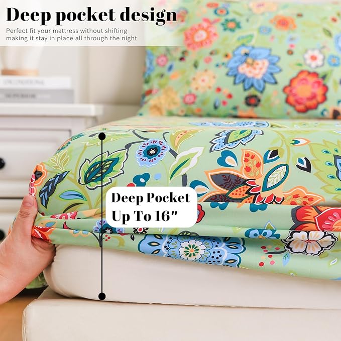 Bedlifes Queen Sheet Set Ultra Soft, Breathable, Silky Flower Deep Pocket 100% Microfiber Bedding, 4 Piece Queen Size with Floral Sage Green