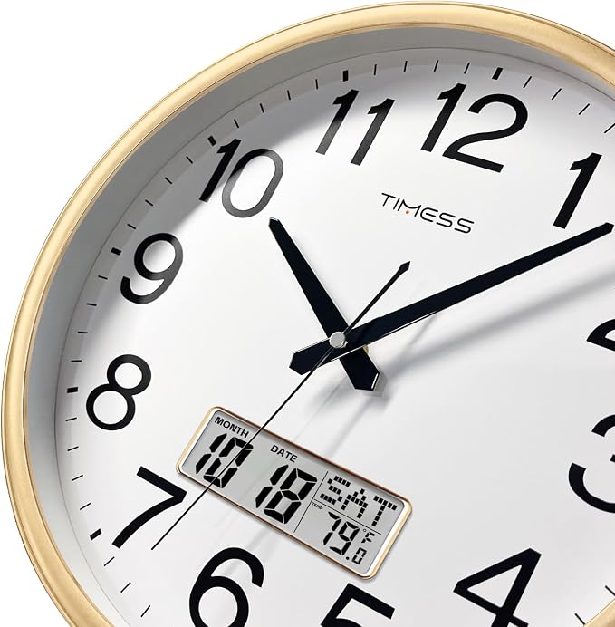 TIMESS Wall Clock, 13 Inch Non-Ticking Silent Battery Operated Quartz Analog with LCD Display for Perpetual Calendar and F° Temperature, Ideal Modern Home, Bedroom, Kitchen, Office Decor (Gold)