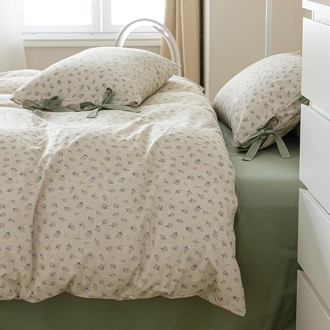 HighBuy Girl Duvet Cover Twin XL Floral Bedding Boho Soft Cotton Coquette Comforter Cover Twin XL with 2 Bowknot Bow Tie Pillowcases,Farmhouse Vintage 3 Pieces Cute Flowers Bedding Set Ultra Soft