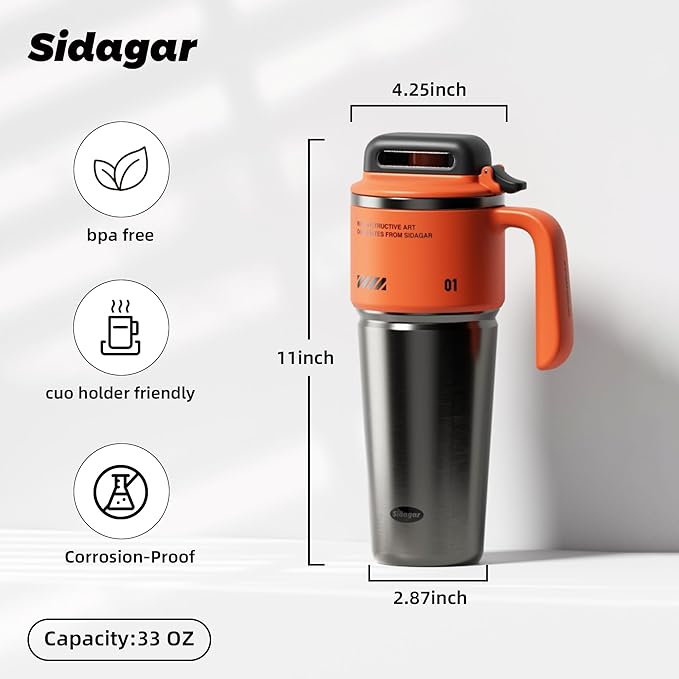 32 oz Stainless Steel Insulated Water Bottle with Handle, Sports Tumbler with Lid and Straw, Push-button Leak-proof Travel Cup, Fits in Car Cup Holder - Dynamic Orange
