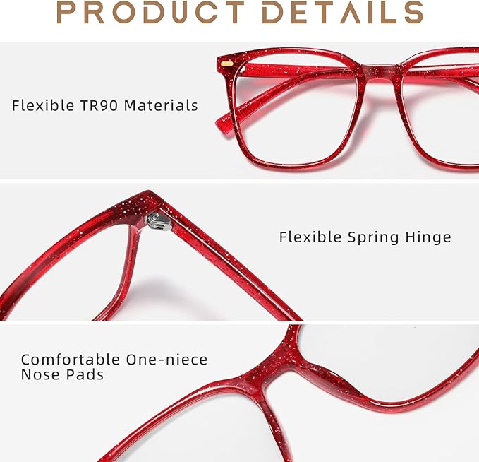 MACJERO Oversized Square Blue Light Blocking Glasses for Women Men, Anti-Fatigue Computer Monitor Gaming Glasses Reduce Eye Strain(Pearl red)