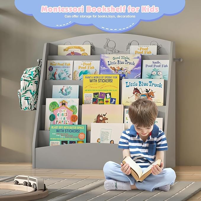 5-Tier Kids Bookshelf Montessori Toddler Book Rack Baby Bookcase Floor Front Facing Magazine Display Shelf for Bedroom Playroom Nursery Classroom Kindergarten Wood (Gray)