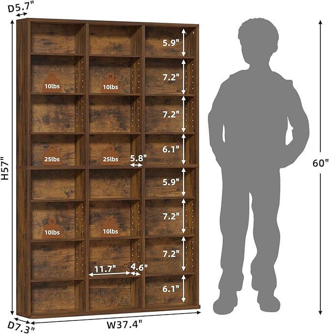 LELELINKY 8 Tier Tall Display Cabinet, Brown Media Storage Cabinet with Adjustable Shelves, Free Standing DVD Organizer Shelf, Floor Multimedia Storage Manga Bookshelf for Living Room & Home Office.