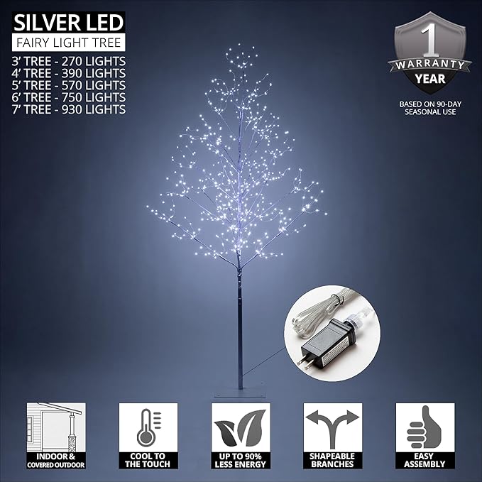 4 Ft Silver Fairy Light Tree Artificial Tree Bedrom Décor Indoor Tree, 390 Cool White LED Lights