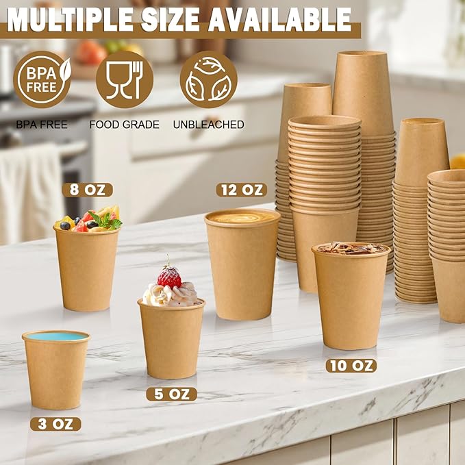 Lamosi 100 Count 12 oz Kraft Paper Cups, Disposable Hot/Cold Paper Coffee Cups, 12 Ounce Beverages Cups, Water Cups for Party Picnic Travel and Events