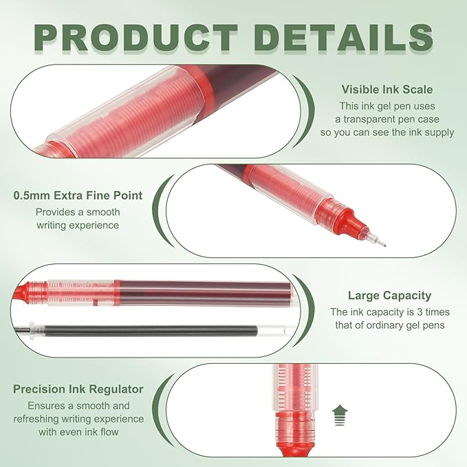PATIKIL 6Pcs Colored Gel Ink Pens, 0.5mm Extra Fine Point Smooth Writing Japanese Quick Drying Liquid Ink Rollerball Pens for Office Stationery Classroom Teachers, Red