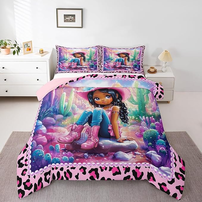 Western Cowgirl Comforter Set Twin Size,Reversible Cute Girl Cactus American Style Bedding Set for Kids Boys Men,African Pink Leopard Print Plaid Black Quilted Duvet Set with 1 Pillowcase