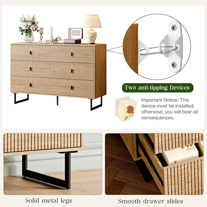 Chrangmay Modern Chest of Drawers with 6 Drawers,Deep Drawers,Clothes Organizer,Large Storage Cabinet for Living Room, Bedroom,Hallway,with Anti-Tipping Device,Wood
