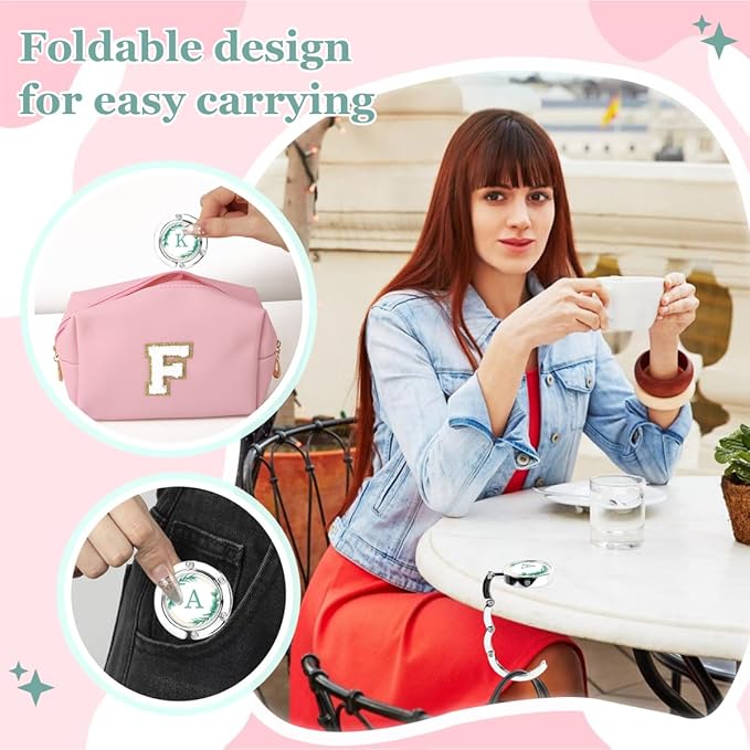 XSUIOY 3Pcs Personalized Initial Foldable Purse Hook for Table,Crushed Flower Letters Folding Purse Hanger,Purse Holder Handbag Hanger Collection Desk Table Bag Hooks Gifts for Women Bag(Green-L)
