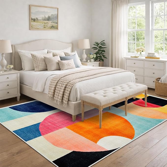 6x9 Colorful Area Rug Modern Abstract Orange Yellow Pink Blue White Beige Black Bedroom Rug Low Pile Thin Large Carpet Living Room Non Slip Dining Room Stain Resistant Office Washable Machine