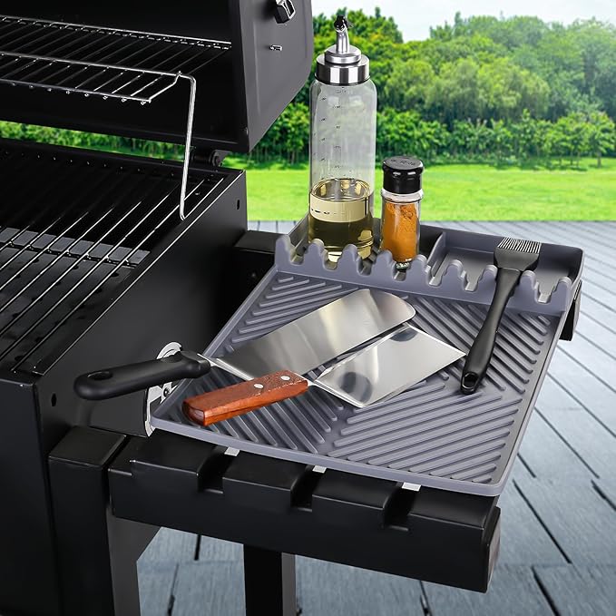 Griddle Mat Barbeque Grill Accessories Tools for Blackstone, Side Shelf Mat Grill Pad for Outdoor Grill Kitchen Counter Spatula Silicone Mat with Drip Pad for Kitchen, Cooking, Countertop (Grey)
