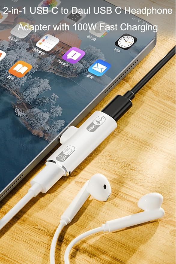 USB C Splitter with 100W Fast Charging, Dual USB C Headphone and Charger Adapter Dongle for iPhone 16/15 Series, iPad, MacBook, Galaxy S24/S23 and More (White)