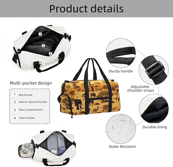 African grassland animals Print Gym Bag with Shoe Compartment for Women Men, 17.7in Sports Duffle Weekender Tote, Overnight Travel Duffel Bag Carry On