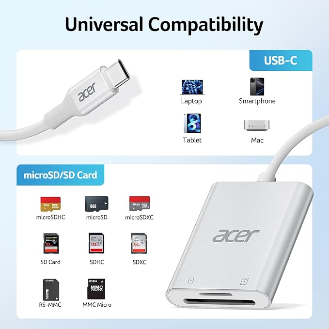 Acer SD Card Reader USB C, Dual Slots Type C to Memory Card Reader, Aluminum Micro SD Card Camera Adapter for MicroSD, SDHC, SDXC, Compatible with iPhone16/15, MacBook, Android, Laptop-Silver