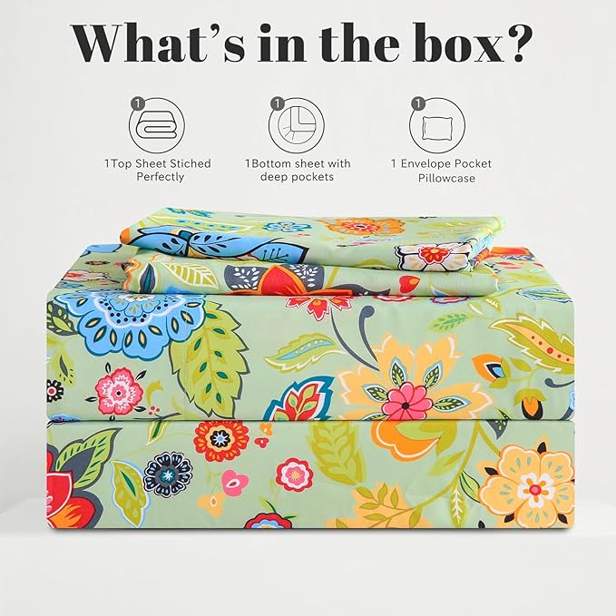 Bedlifes California King Sheet Set Ultra Soft, Breathable, Silky Flower Deep Pocket 100% Microfiber Bedding, 4 Piece Cal King Size with Floral Sage Green
