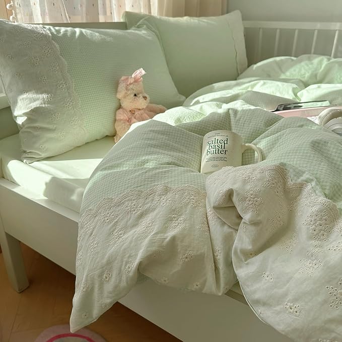 LifeTB Green Gingham Comforter Set King Romantic Lace Style Vintage Checkered Plaid Comforter Set 3 Pieces Green Grid Comforter with 2 Pillowcases Soft Fluffy Farmhouse Gingham Bedding Set King