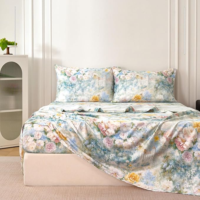 Zusbest California King Sheets Luxury Floral Bed Sheet Set 100% Cotton, Satin Weave Soft Breathable for Hot Sleepers Romantic Peony Flowery Printed Cottagecore Bedding Deep Pocket 17.5‘’, 4Pcs